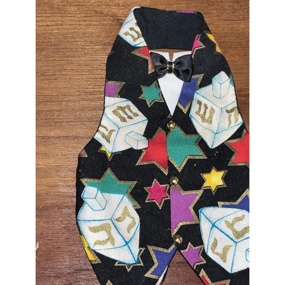 Hannukah-themed tuxedo vest bow tie dreidels wine tux bottle bag